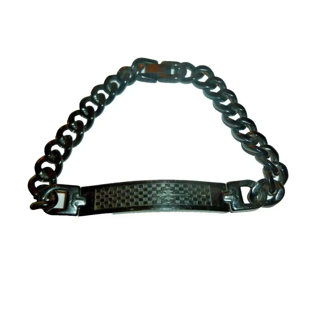 Mens Black Metal Curb Link ID‎ Bracelet Checkerboard Cross Design Biker Goth